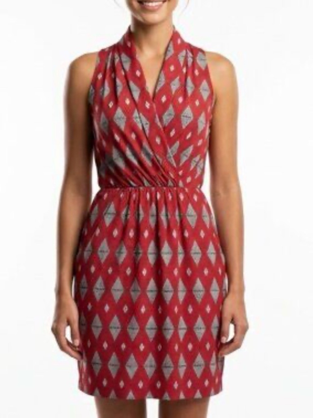Sleeveless Red Geometric Wrap Dress with Pockets